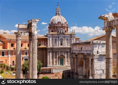 Rome. City forum.. A view of the ruins of an ancient city forum. The church of St. Luke and Martin. Rome. Italy.