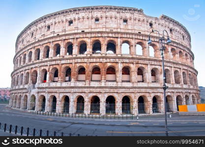 Rome. Colosseum of Rome empty street view, most famous landmark of eternal city, capital of Italy 