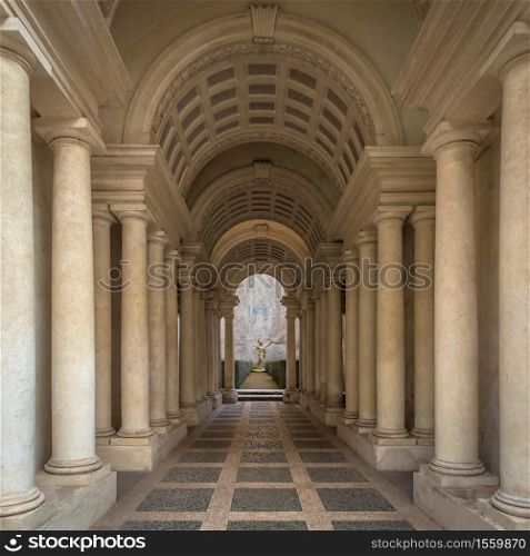 ROME, ITALY - August 23, 2018: Prospettiva Borromini (Borromini Perspective), corridor with marble columns in this luxury palace
