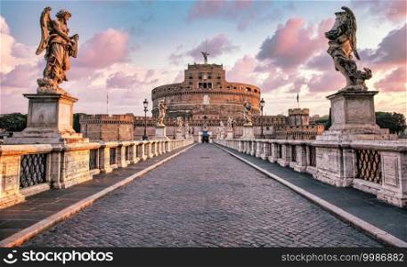 ROME, ITALY - CIRCA AUGUST 2020  Castel Sant’Angelo  Saint Angel Castle  in Rome  Roma , Italy. Historic monument with nobody at sunrise.