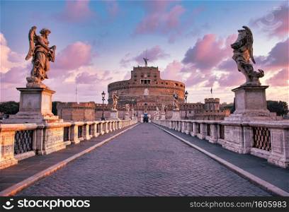 ROME, ITALY - CIRCA AUGUST 2020: Castel Sant&rsquo;Angelo (Saint Angel Castle) in Rome (Roma), Italy. Historic monument with nobody at sunrise.
