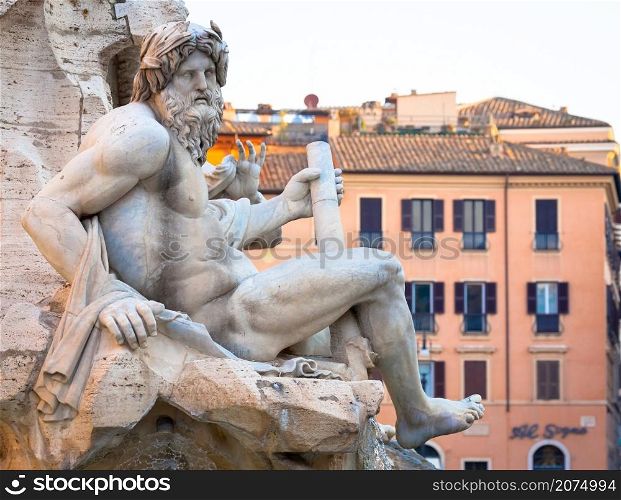 ROME, ITALY - CIRCA AUGUST 2020: - detail of Piazza Navona (Navona&rsquo;s Square) Bernini fountain, one of the most famous sightseeing of the city.