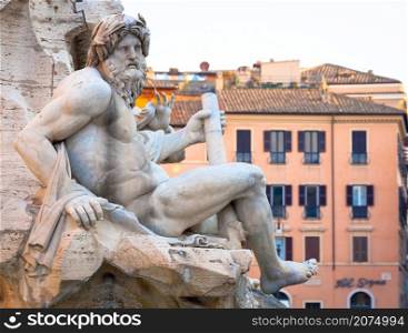 ROME, ITALY - CIRCA AUGUST 2020: - detail of Piazza Navona (Navona&rsquo;s Square) Bernini fountain, one of the most famous sightseeing of the city.