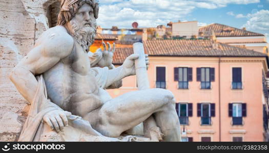 ROME, ITALY - CIRCA AUGUST 2020: - detail of Piazza Navona (Navona&rsquo;s Square) Bernini fountain, one of the most famous sightseeing of the city.