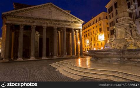 ROME, ITALY - CIRCA AUGUST 2020  illuminated Pantheon by night. One of the most famous historic landmark in Italy.