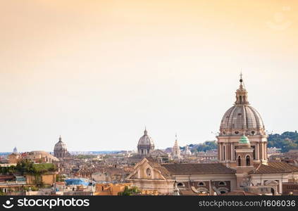 ROME, ITALY- CIRCA AUGUST 2020  panoramic cityscape with sunset sky and clouds