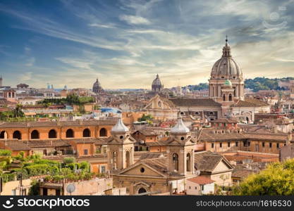 ROME, ITALY- CIRCA AUGUST 2020  panoramic cityscape with sunset sky and clouds