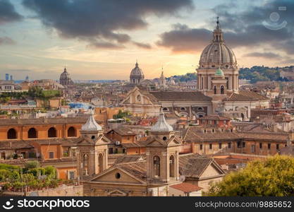 ROME, ITALY- CIRCA AUGUST 2020  panoramic cityscape with sunset sky and clouds