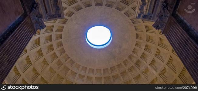ROME, ITALY - CIRCA AUGUST 2020: Pantheon temple interior. Detail of the dome.