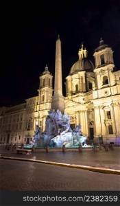 ROME, ITALY - CIRCA AUGUST 2020: Piazza Navona (Navona&rsquo;s Square) with the famous Bernini fountain by night.