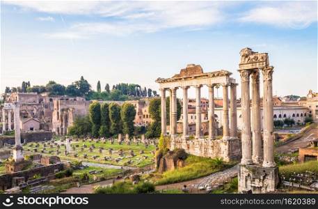 ROME, ITALY - CIRCA AUGUST 2020  sunrise light with blue sky on Roman ancient architecture.