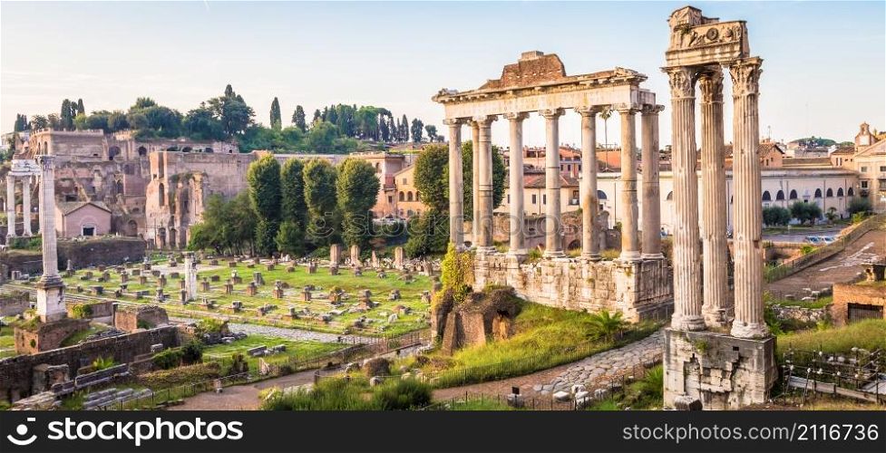 ROME, ITALY - CIRCA AUGUST 2020: sunrise light with blue sky on Roman ancient architecture.