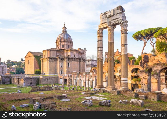 ROME, ITALY - CIRCA AUGUST 2020: sunrise light with blue sky on Roman ancient architecture.