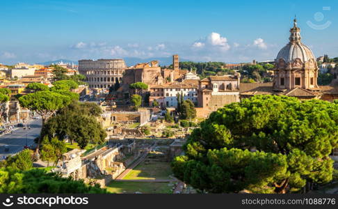 Rome, Italy city skyline with landmarks of the Ancient Rome ; Colosseum and Roman Forum, the famous travel destination of Italy.