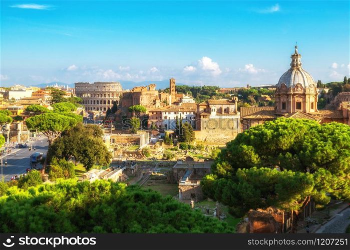Rome, Italy city skyline with landmarks of the Ancient Rome ; Colosseum and Roman Forum, the famous travel destination of Italy.