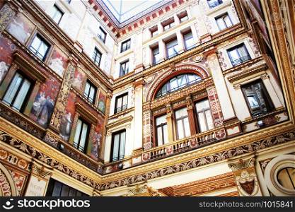 ROME, ITALY -DECEMBER 28, 2018: The palace, built in 1888 in art deco and renovated in the late seventies, is known as Sciarra gallery .. ROME, ITALY -DECEMBER 28, 2018: The palace, built in 1888 in art deco and renovated in the late seventies, is known as Sciarra gallery