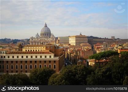 Rome, Italy - December 30, 2018: Panorama of Rome and view at St. Peter&rsquo;s Basilica (Vatican) from Angel Castle (Castel Sant&rsquo;Angelo).