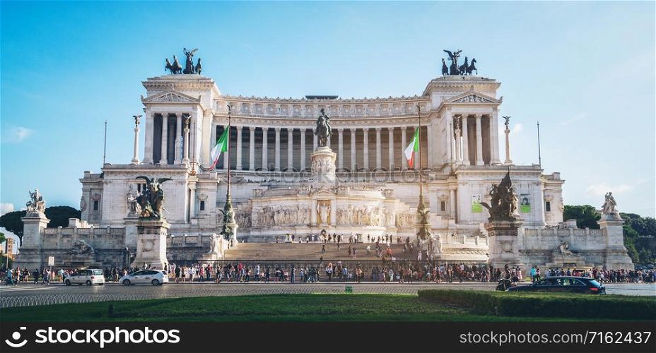 "Rome, Italy - Oct 3, 2017: Tourists visit The Altare della Patria "Altar of the Fatherland" monument built in honor of Victor Emmanuel, the first king of a unified Italy, located in Rome, Italy."