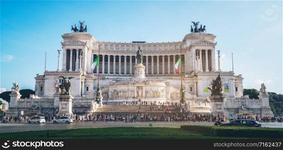 "Rome, Italy - Oct 3, 2017: Tourists visit The Altare della Patria "Altar of the Fatherland" monument built in honor of Victor Emmanuel, the first king of a unified Italy, located in Rome, Italy."