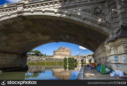 Rome Italy on October 6th, 2019 Tents of homeless people under the Ponte Vittorio Emanuele II bridge