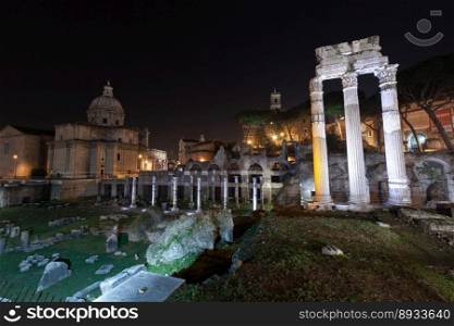 Rome, Italy, ruins of the old city at night with backlight