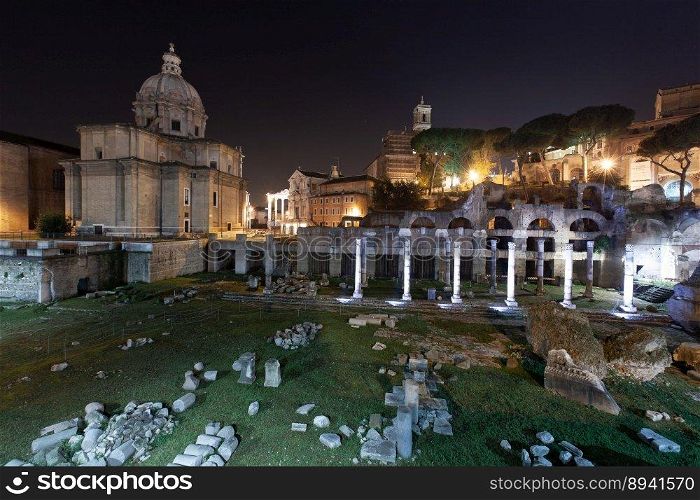 Rome, Italy, ruins of the old city at night with backlight
