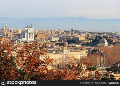 Rome (Italy) - The view of the city from Janiculum hill and terrace, with Vittoriano, Santa Maria in Ara Coeli church and Campidoglio.. Rome (Italy) - The view of the city from Janiculum hill and terrace, with Vittoriano, Santa Maria in Ara Coeli church and Campidoglio