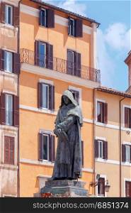 Rome. Monument to Giordano Bruno.. Sculpture of the monk Dominican Giordano Bruno in the square of flowers. Rome. Italy.