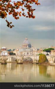 Rome overview with the Papal Basilica of St. Peter in the Vatican city at fall