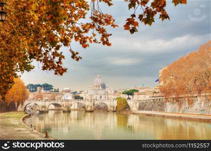 Rome overview with the Papal Basilica of St. Peter in the Vatican city at fall