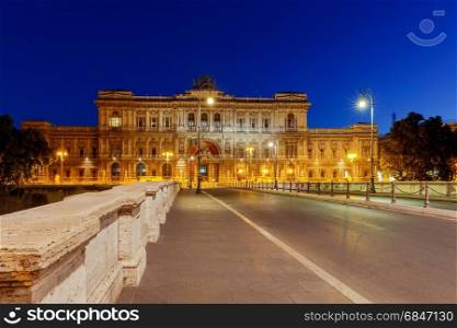 Rome. Palace of Justice and Umberto Bridge.. Night view of the Palace of Justice and the Umberto Bridge across the Tiber River. Rome. Italy.