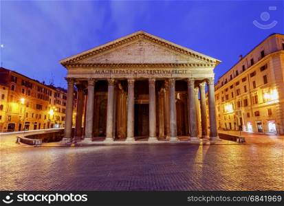 Rome. Pantheon in the night illumination.. View of the Pantheon in the early morning. Rome. Italy.