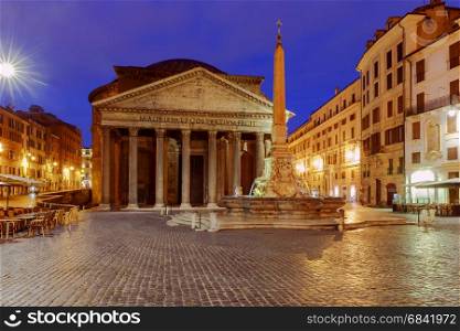 Rome. Pantheon in the night illumination.. View of the Pantheon in the early morning. Rome. Italy.