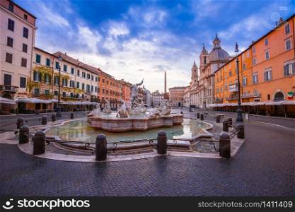 Rome. Piazza Navona square fountains and church dawn view in Rome, eternal city and capital of Italy