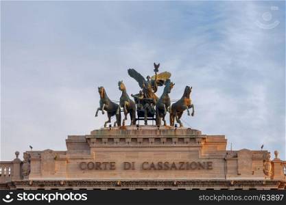 Rome. Quadriga on the courthouse.. Statue of the quadriga driver on the roof of the court. Rome. Italy.
