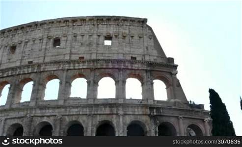 Rome, Roma, Italy, Italia, monument, art, tourism, architecture, ancient building of Roman empire. Exterior view of Colosseo, Coliseum, Colosseum, amphitheater, stadium with sky. 4k, UHD, Ultra HD, UltraHD