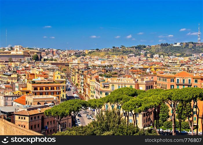 Rome rooftops and colorful cityscape panoramic view, capital of Italy