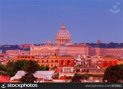 Rome. Saint Peter's Cathedral at dawn.. View of the dome of St. Peter's Cathedral in the Vatican at dawn. Rome. Italy.