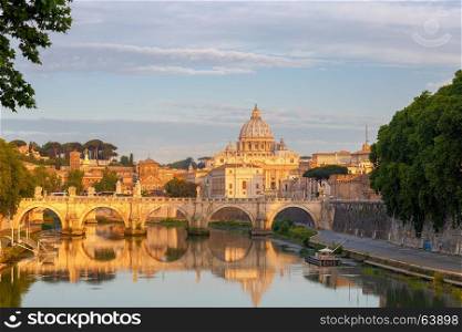 Rome. Saint Peter's Cathedral at dawn.. View of the dome of St. Peter's Cathedral in the Vatican at dawn. Rome. Italy.