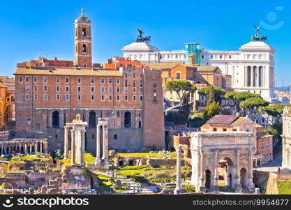 Rome. Scenic aerial view over the ruins of the Roman Forum and landmarks of Rome, capital of Italy 