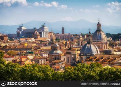 Rome skyline at the city center with panoramic view of famous landmark of Ancient Rome architecture, Italian culture and monuments. Historical Rome is the famous travel destination of Italy.