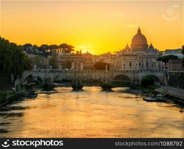 Rome Skyline with Vatican St Peter Basilica and St Angelo Bridge crossing Tiber River in city center of Rome Italy , historical landmarks attraction of the Ancient Rome , travel destination of Italy.