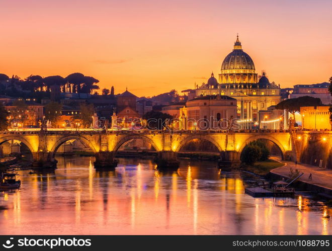 Rome Skyline with Vatican St Peter Basilica and St Angelo Bridge crossing Tiber River in city center of Rome Italy , historical landmarks attraction of the Ancient Rome , travel destination of Italy.