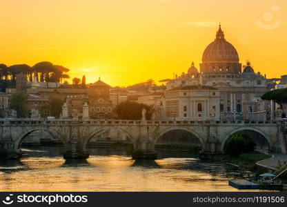 Rome Skyline with Vatican St Peter Basilica and St Angelo Bridge crossing Tiber River in city center of Rome Italy , historical landmarks attraction of the Ancient Rome , travel destination of Italy.