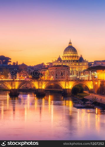 Rome Skyline with Vatican St Peter Basilica and St Angelo Bridge crossing Tiber River in city center of Rome Italy , historical landmarks attraction of the Ancient Rome , travel destination of Italy.