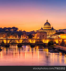 Rome Skyline with Vatican St Peter Basilica and St Angelo Bridge crossing Tiber River in city center of Rome Italy , historical landmarks attraction of the Ancient Rome , travel destination of Italy.