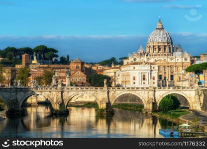 Rome Skyline with Vatican St Peter Basilica of Vatican and St Angelo Bridge crossing Tiber River in the city center of Rome Italy. It is historic landmark of the Ancient Rome and travel destination.