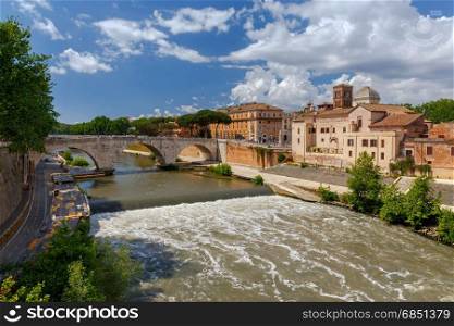 Rome. The island Tiberin.. View of the island of Tiberin and the Tiber River on a sunny day. Italy. Rome.