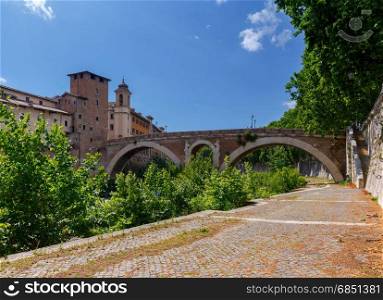 Rome. The island Tiberin.. View of the island of Tiberin and the Tiber River on a sunny day. Italy. Rome.