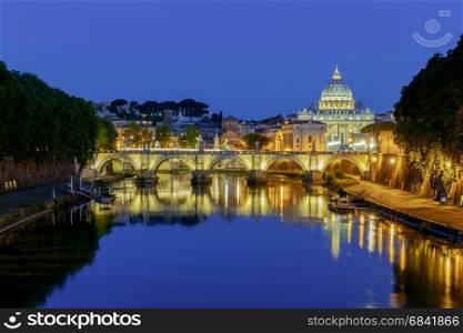 Rome. The Tiber River and Saint Peter&rsquo;s Cathedral.. Night view of the Tiber River and St. Peter&rsquo;s Cathedral in the Vatican. Italy.